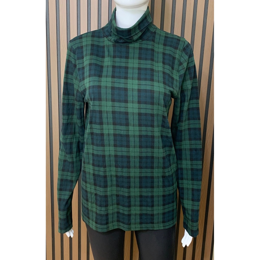J.Crew Women's Green Navy Black Watch Plaid Cotton Turtleneck Top Size M